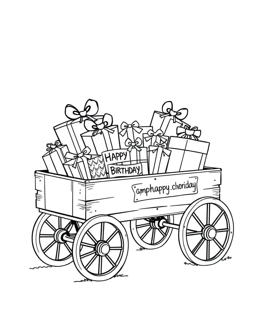 A sturdy **wagon** filled with birthday gifts and a "Happy Birthday" sign.