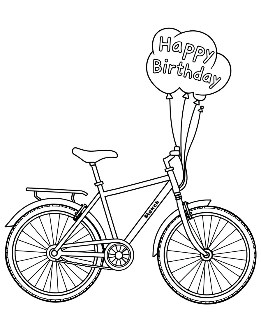 A fun **bicycle** with birthday balloons attached that say "Happy Birthday".