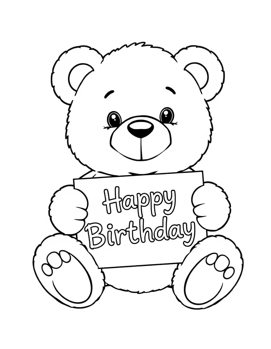 A friendly **teddy bear** holding a birthday card that says "Happy Birthday".