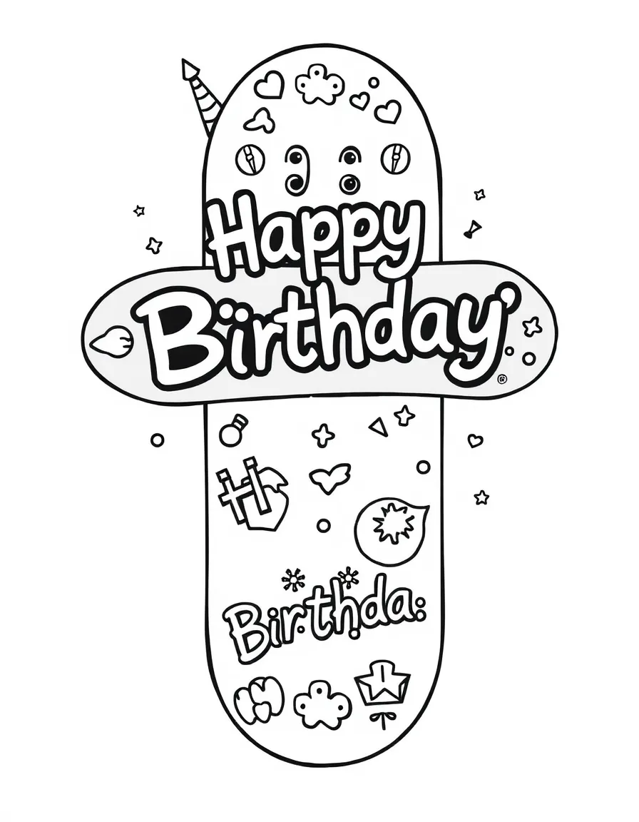 A cool **skateboard** with birthday designs and "Happy Birthday" stickers.