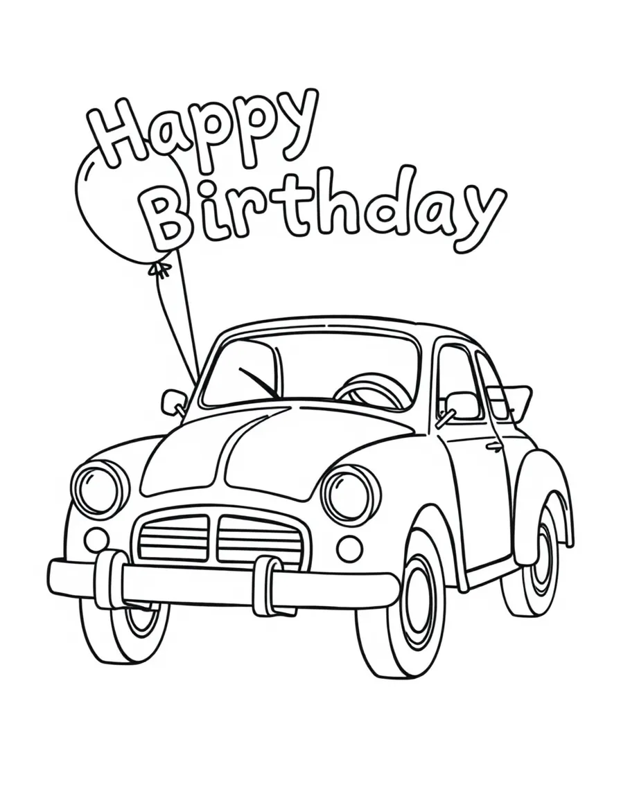 A classic **toy car** with balloons tied to it that say "Happy Birthday".