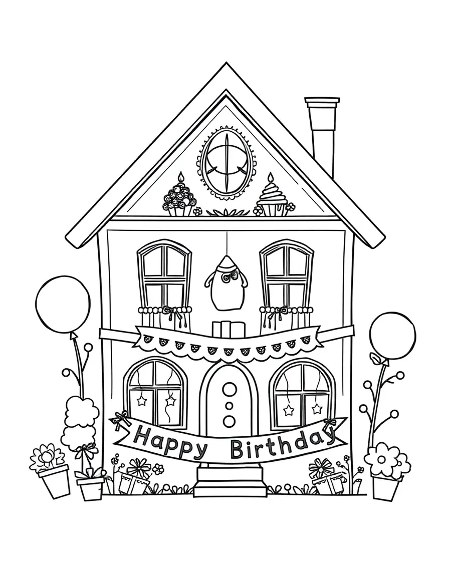 A charming **dollhouse** with birthday decorations and a "Happy Birthday" banner.