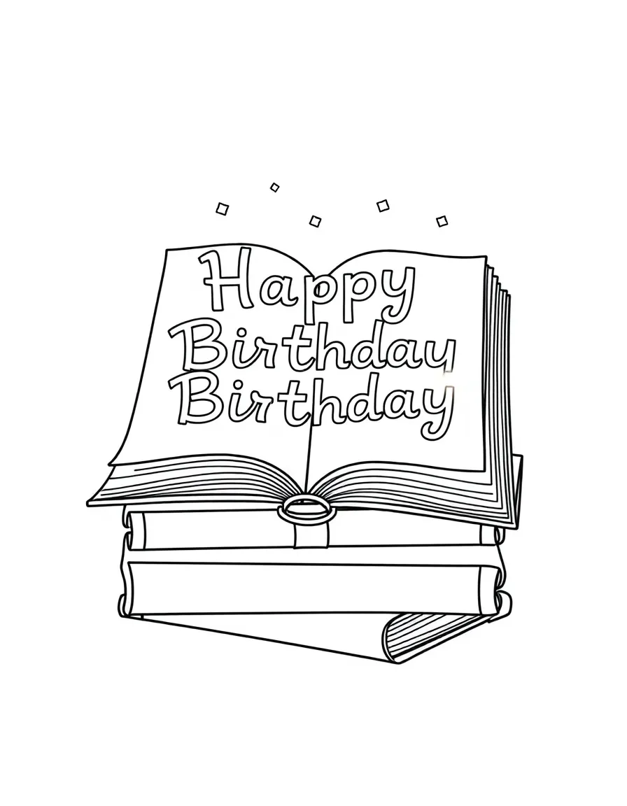 A stack of **books** with a birthday story open that says "Happy Birthday".