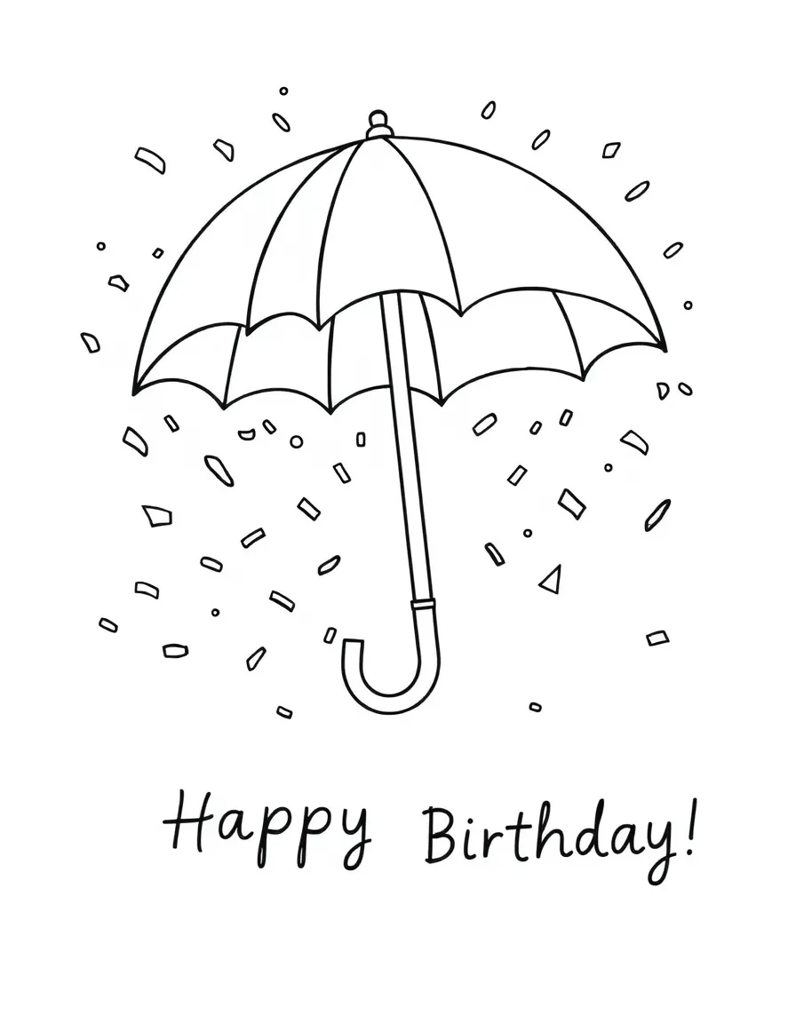 A cheerful **umbrella** catching falling confetti and a "Happy Birthday" message.