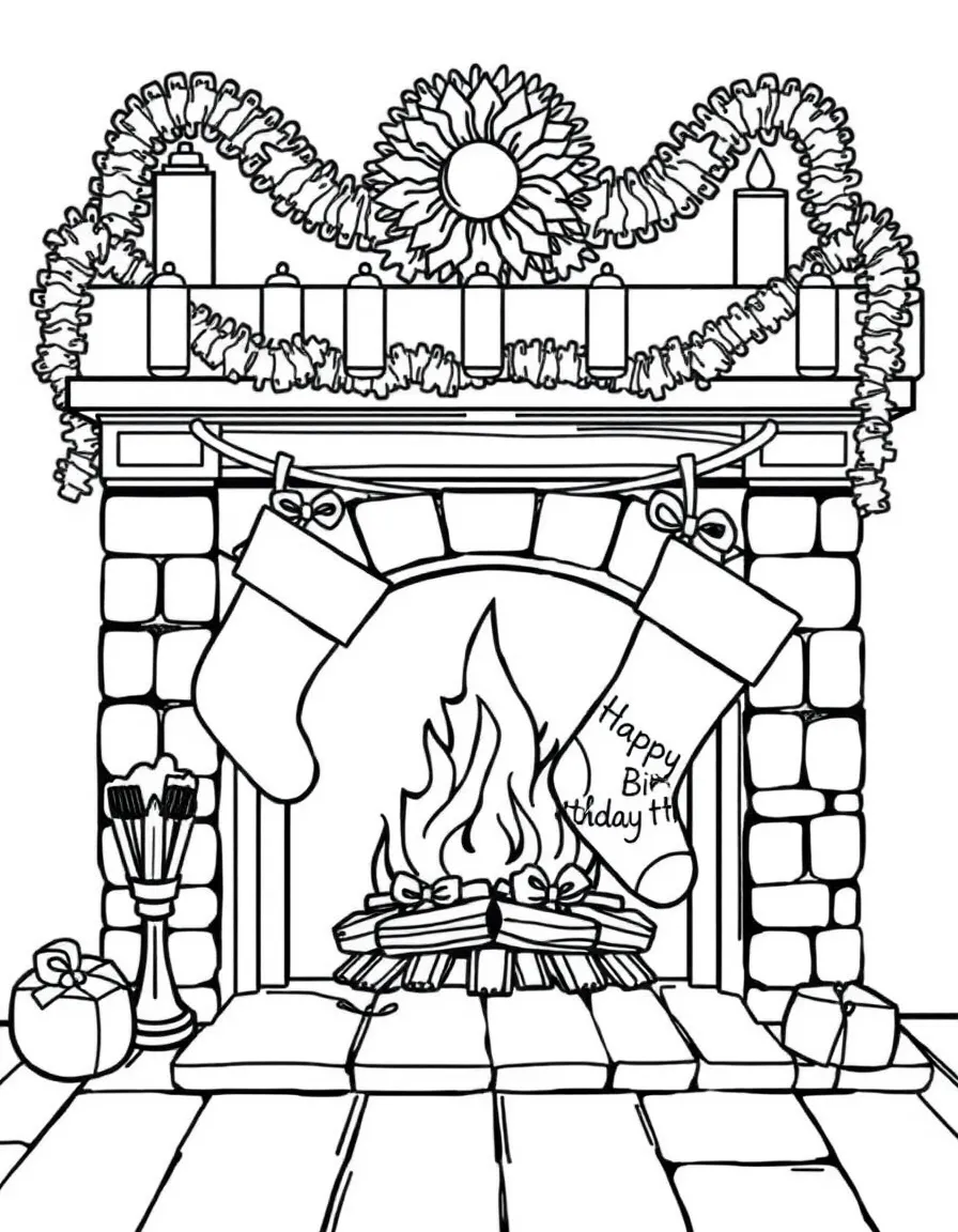 A cozy **fireplace** with birthday stockings hanging that say "Happy Birthday".