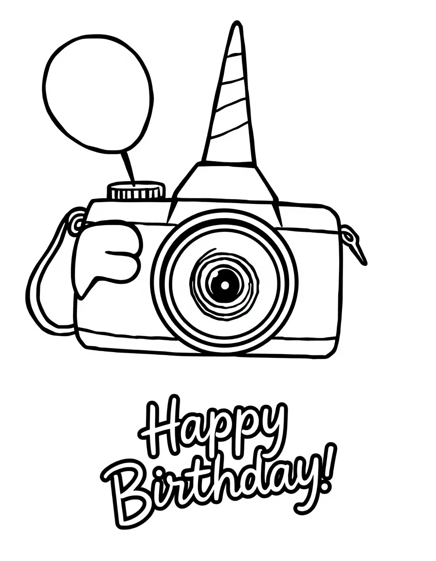 A happy **camera** ready to capture birthday memories and a "Happy Birthday" message.