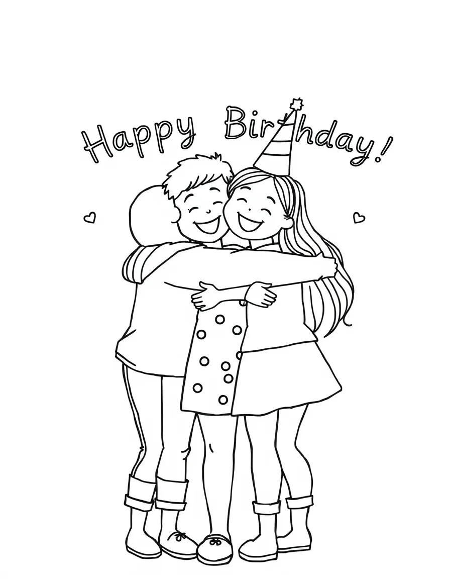 Friends giving a **birthday hug** and saying "Happy Birthday".