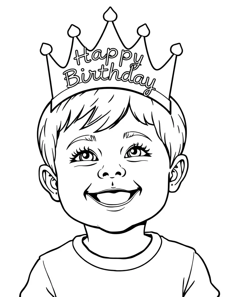 A child wearing a **birthday crown** and smiling with "Happy Birthday" written on it.
