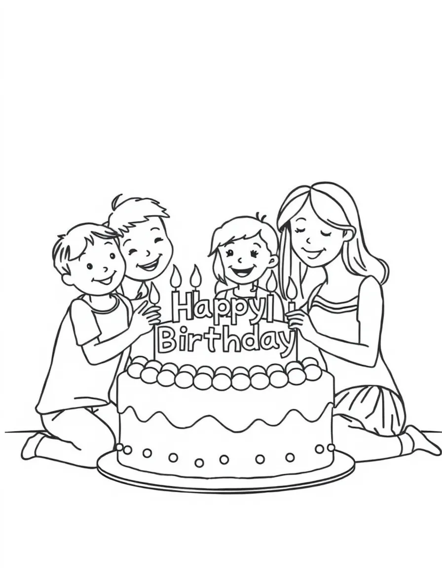 A family gathered around a **birthday cake** that says "Happy Birthday".