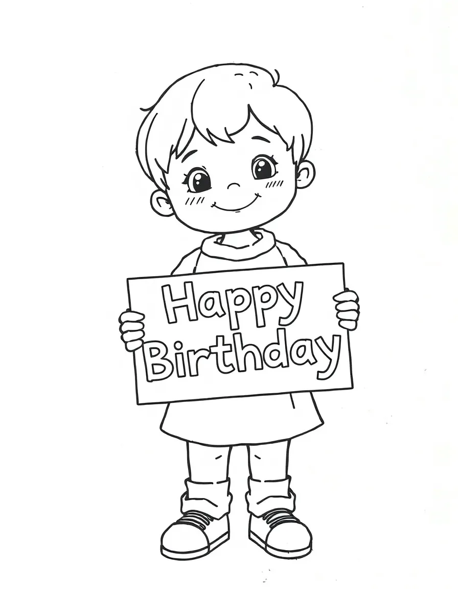 A child holding a "Happy Birthday" **sign**.