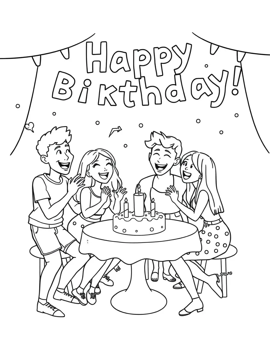 Friends playing **party games** at a birthday party and shouting "Happy Birthday".