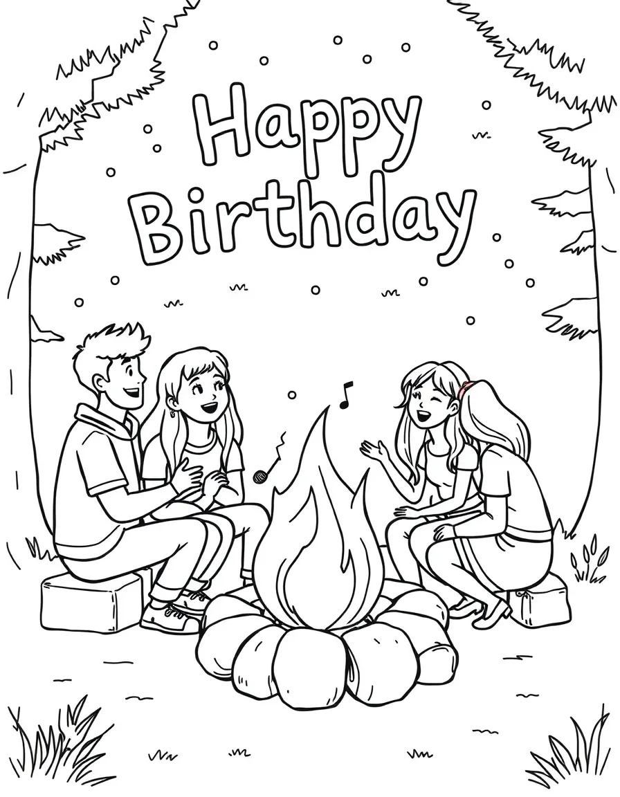 Friends singing "Happy Birthday" around a **campfire**.