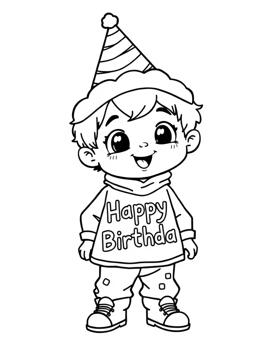 A child dressing up in a funny **birthday costume** and saying "Happy Birthday".
