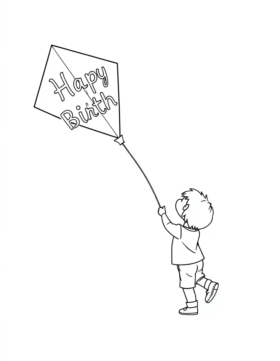A child flying a **birthday kite** that says "Happy Birthday".