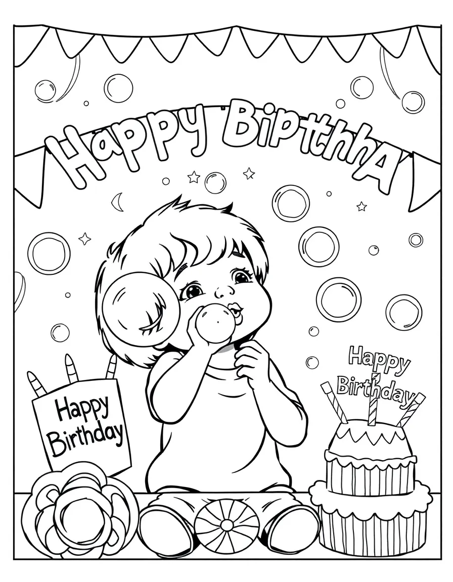 A child blowing **bubbles** at a birthday party with "Happy Birthday" messages.