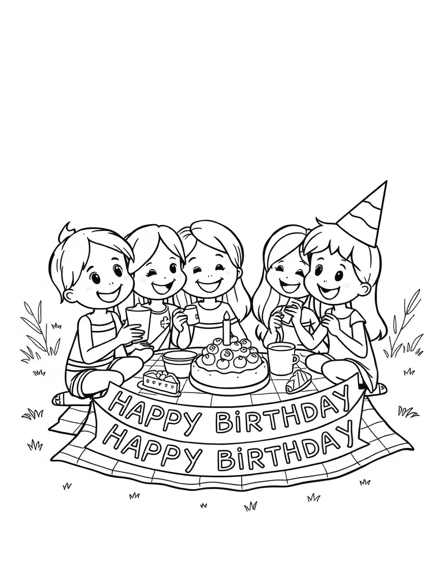 Friends having a **picnic** with birthday treats and a "Happy Birthday" banner.