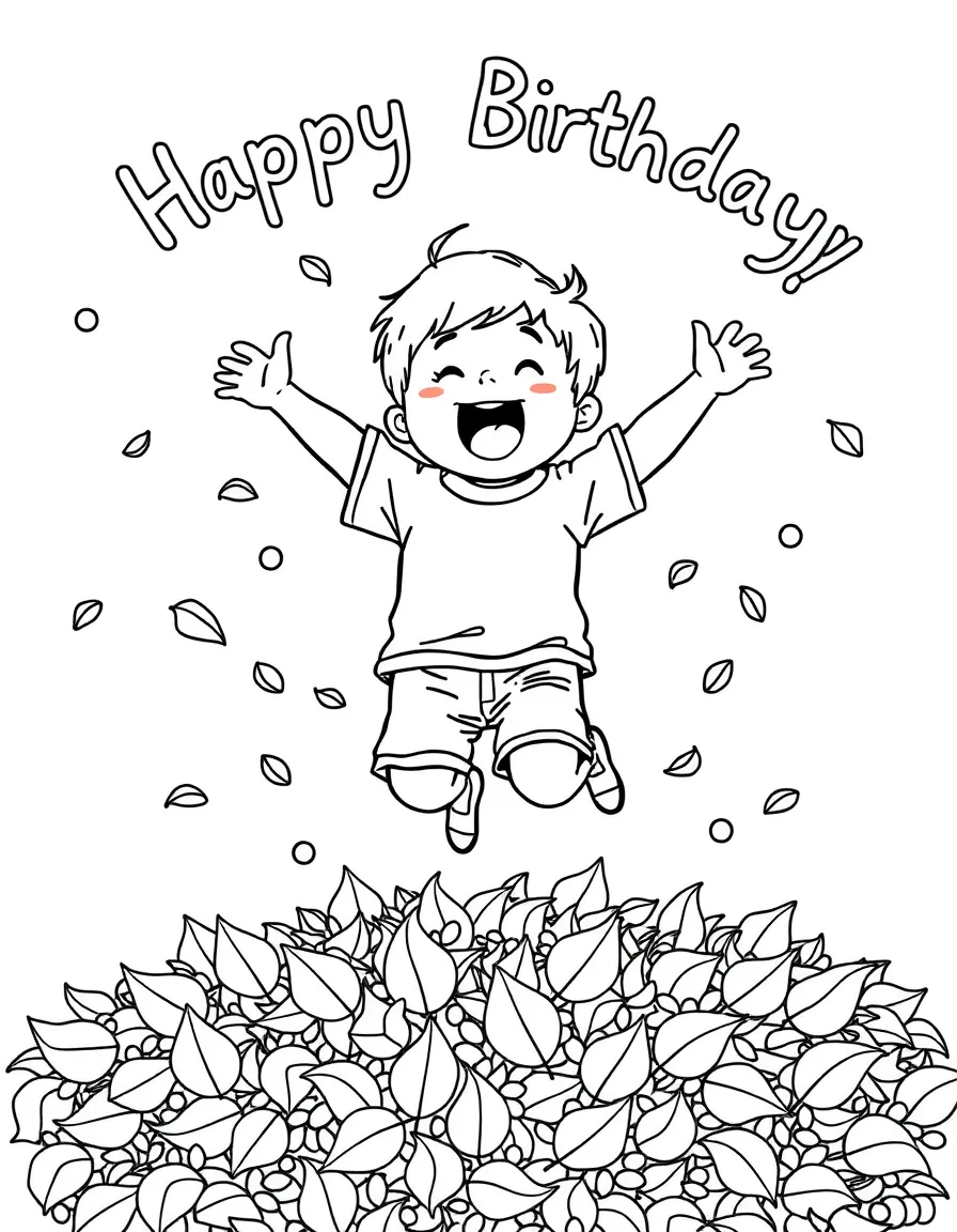 A child jumping in a pile of **leaves** with birthday wishes and shouting "Happy Birthday".