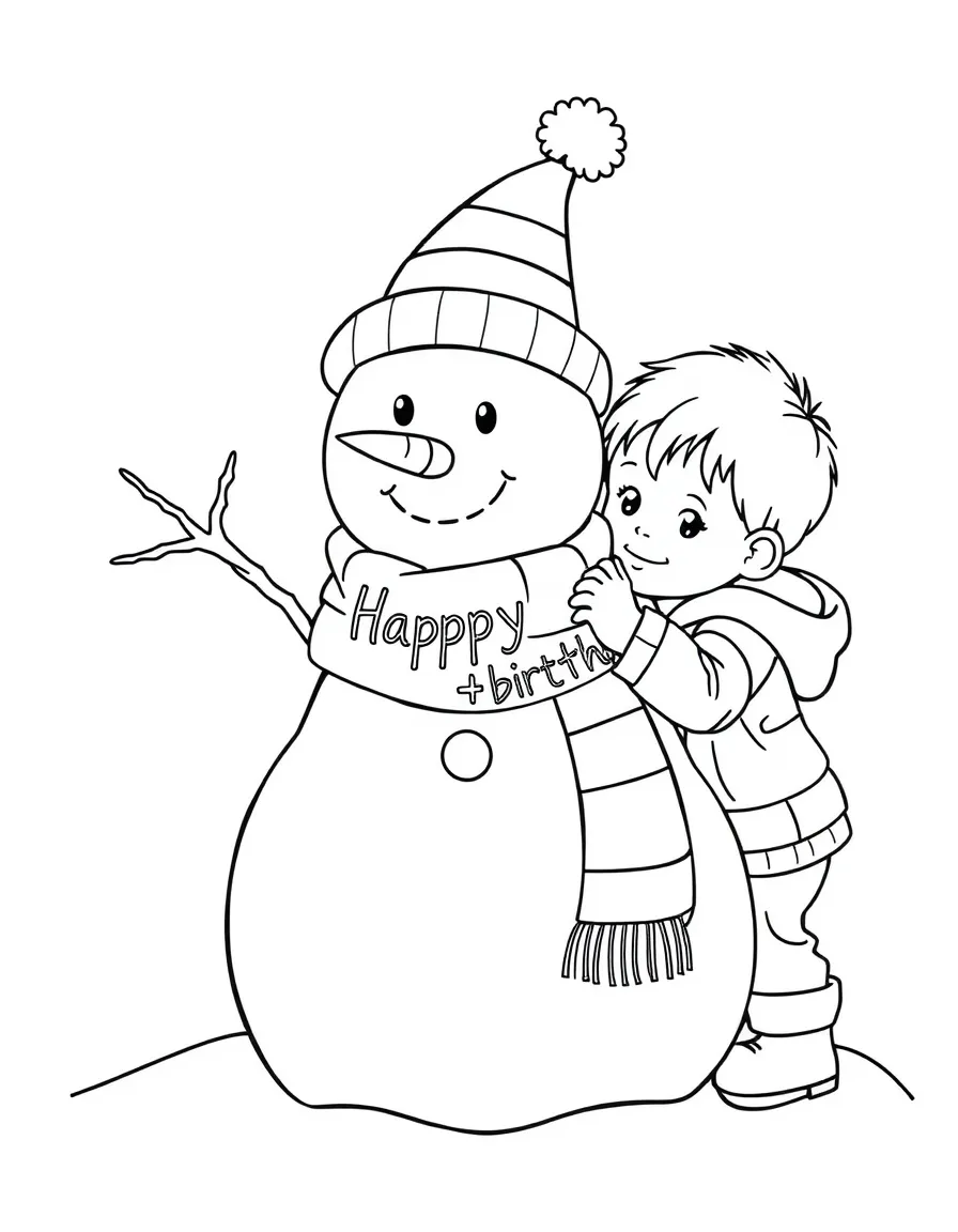 A child building a **snowman** with a birthday scarf that says "Happy Birthday".