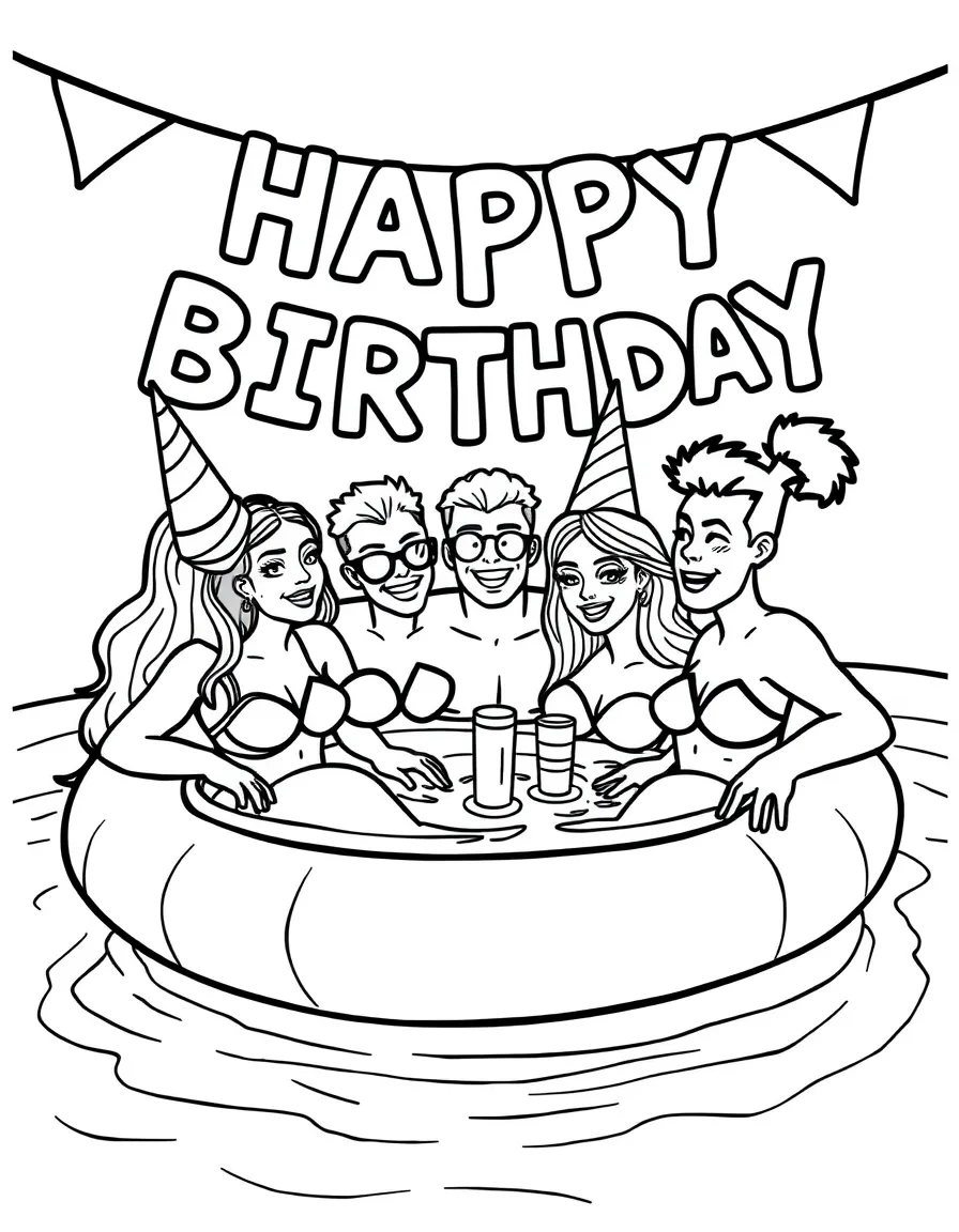 Friends having a **pool party** with birthday inflatables that say "Happy Birthday".