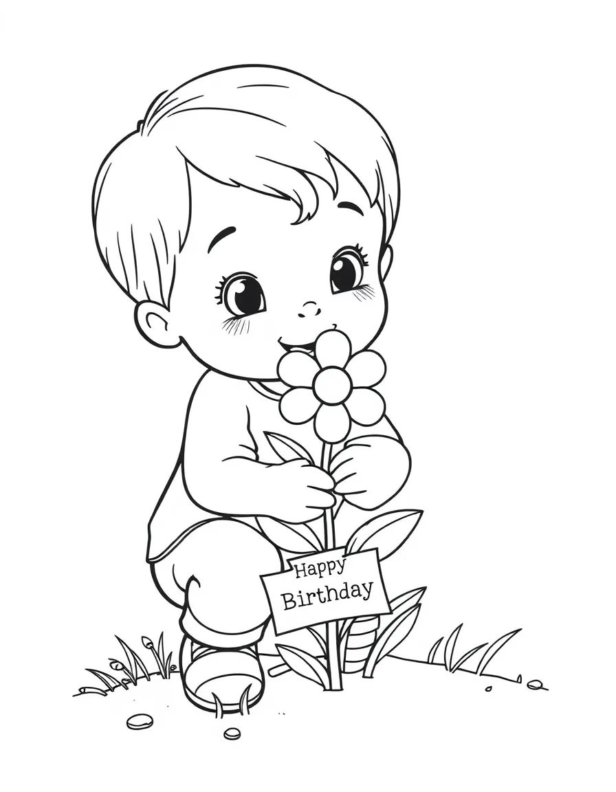 A child planting a **birthday flower** with a "Happy Birthday" tag.