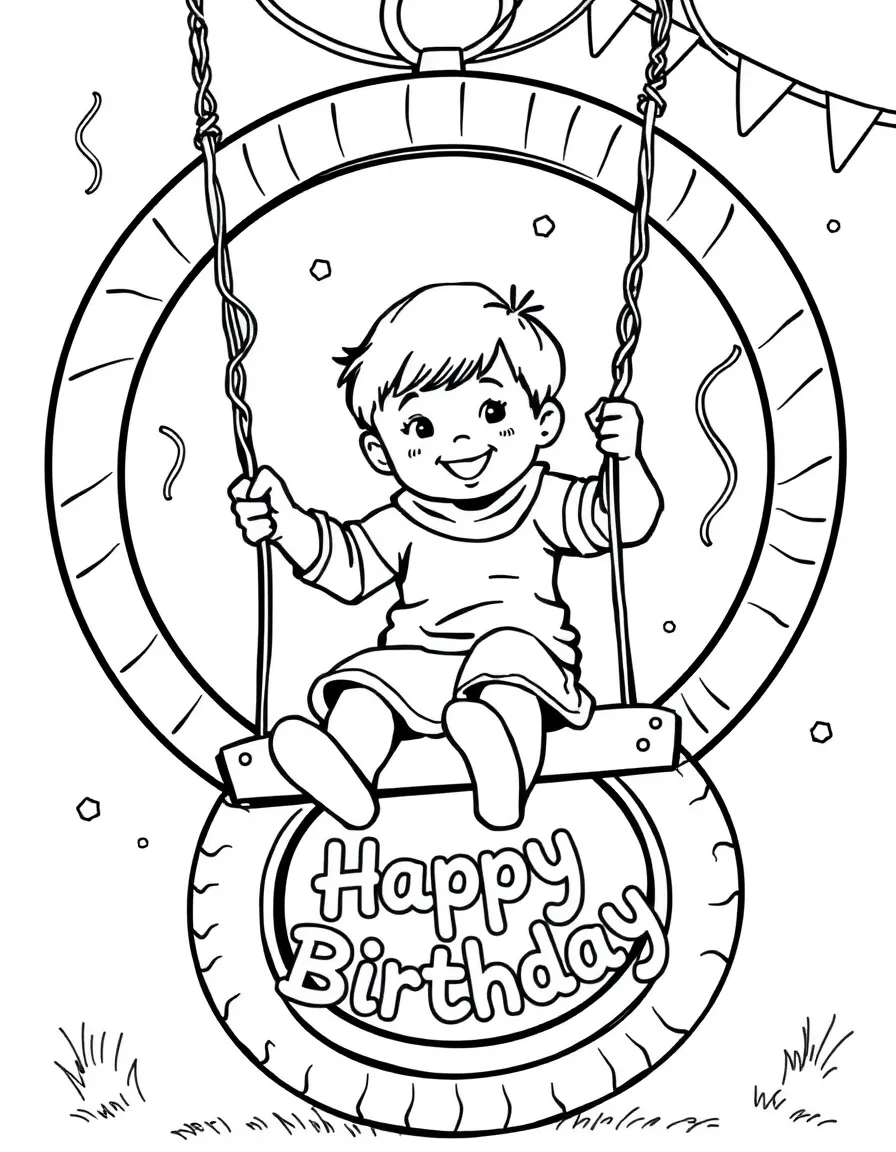 A child swinging on a **tire swing** with birthday streamers and a "Happy Birthday" message.
