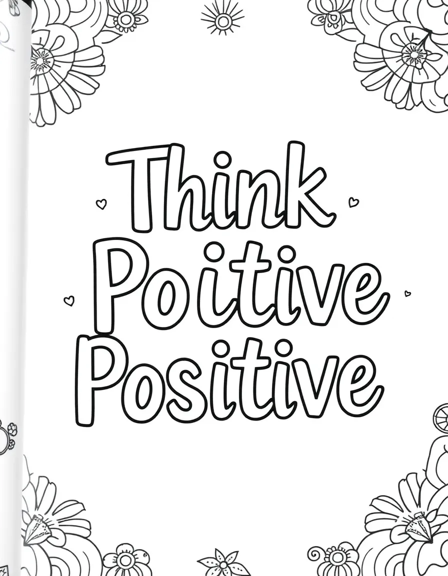 **Think Positive** motivational coloring page art, include the text "Think Positive".