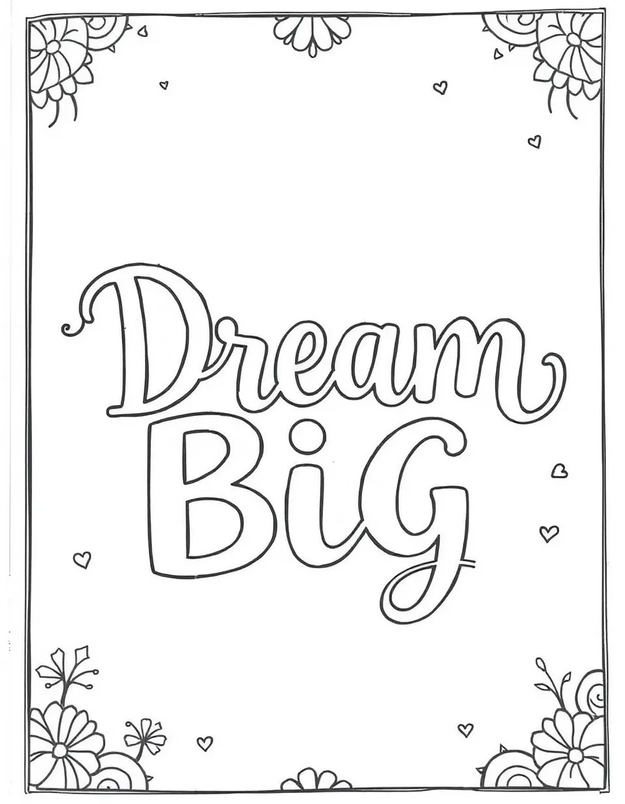 **Dream Big** whimsical coloring page, include the text "Dream Big".
