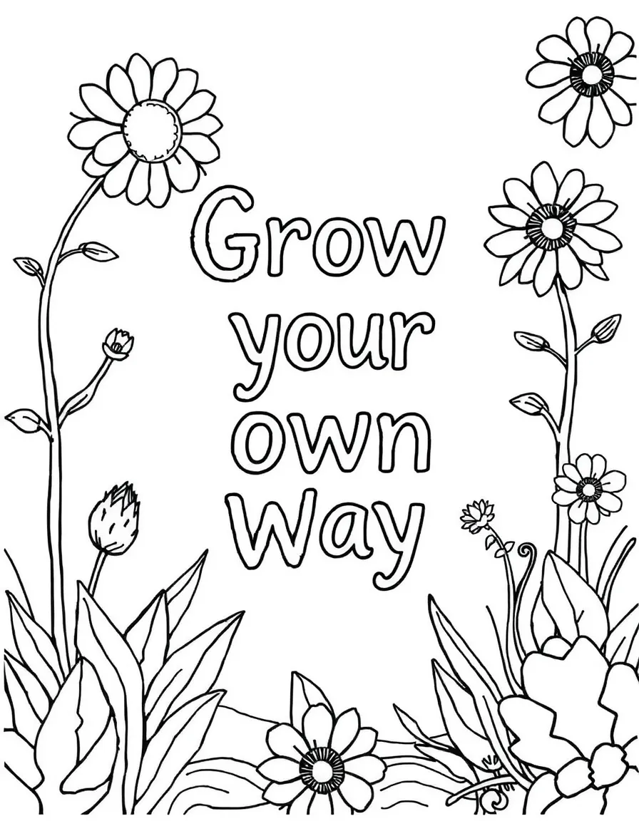 **Grow Your Own Way** nature-inspired coloring page, include the text "Grow Your Own Way".