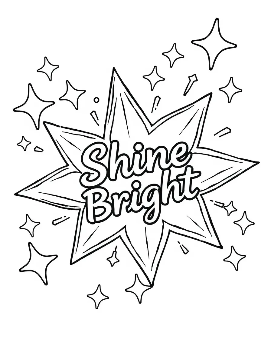 **Shine Bright** starry coloring page, include the text "Shine Bright".