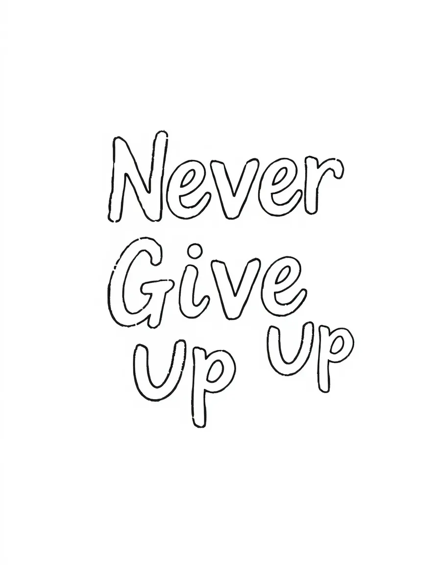 **Never Give Up** determined coloring page, include the text "Never Give Up".