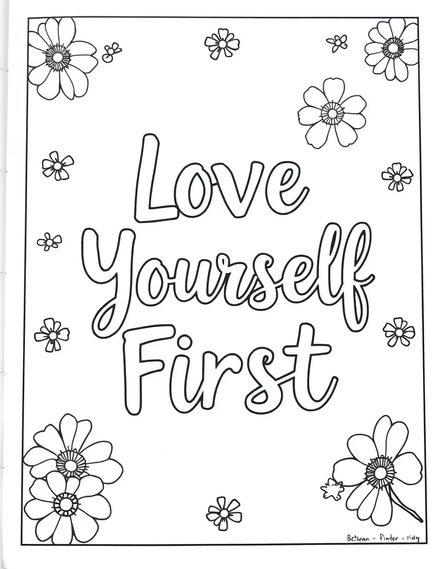 **Love Yourself First** self-care coloring page, include the text "Love Yourself First".