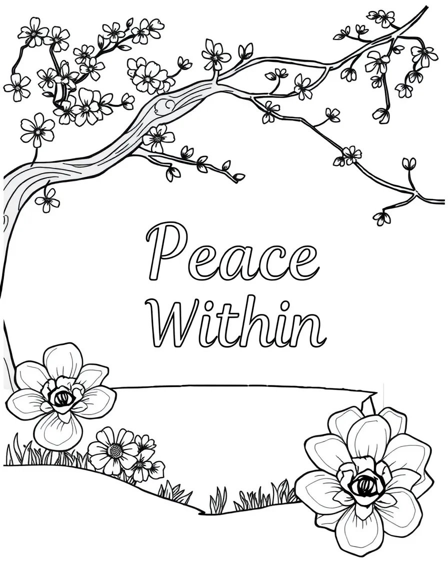 **Peace Within** serene coloring page, include the text "Peace Within".