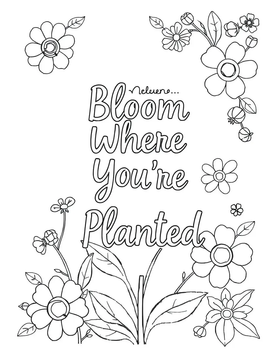 **Bloom Where You're Planted** floral coloring page, include the text "Bloom Where You're Planted".