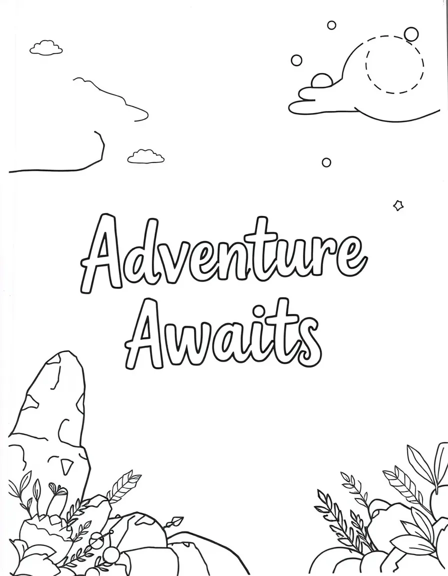 **Adventure Awaits** exploration coloring page, include the text "Adventure Awaits".