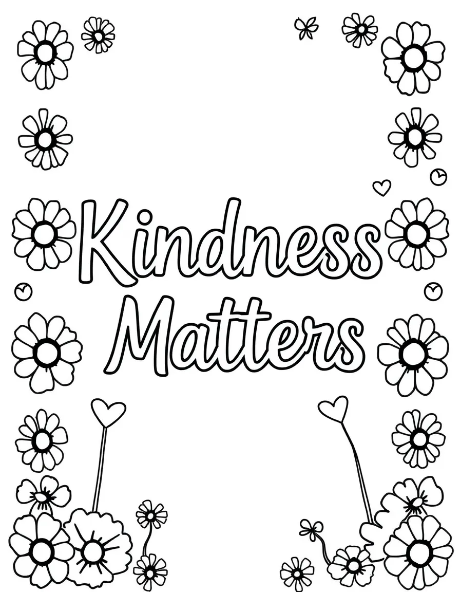 **Kindness Matters** compassionate coloring page, include the text "Kindness Matters".