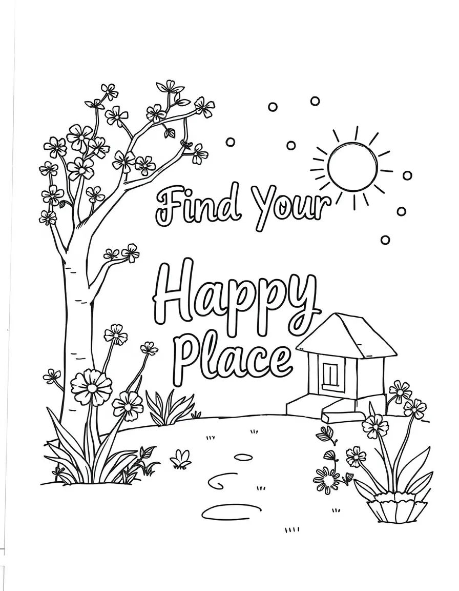**Find Your Happy Place** joyful scene coloring page, include the text "Find Your Happy Place".