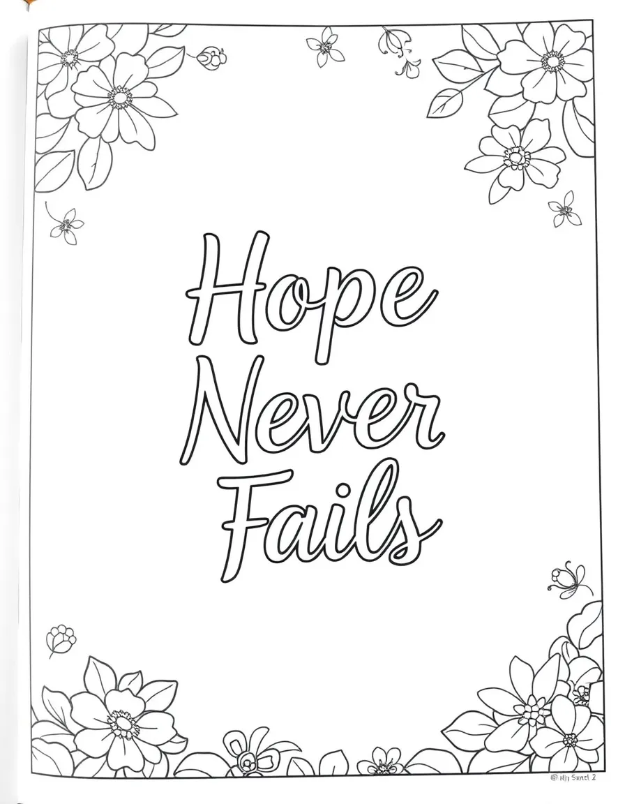 **Hope Never Fails** enduring hope coloring page, include the text "Hope Never Fails".