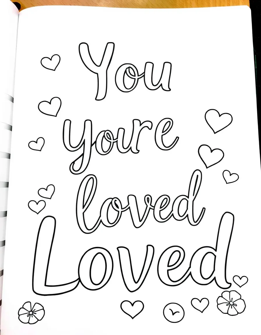 **You Are Loved** affectionate coloring page, include the text "You Are Loved".