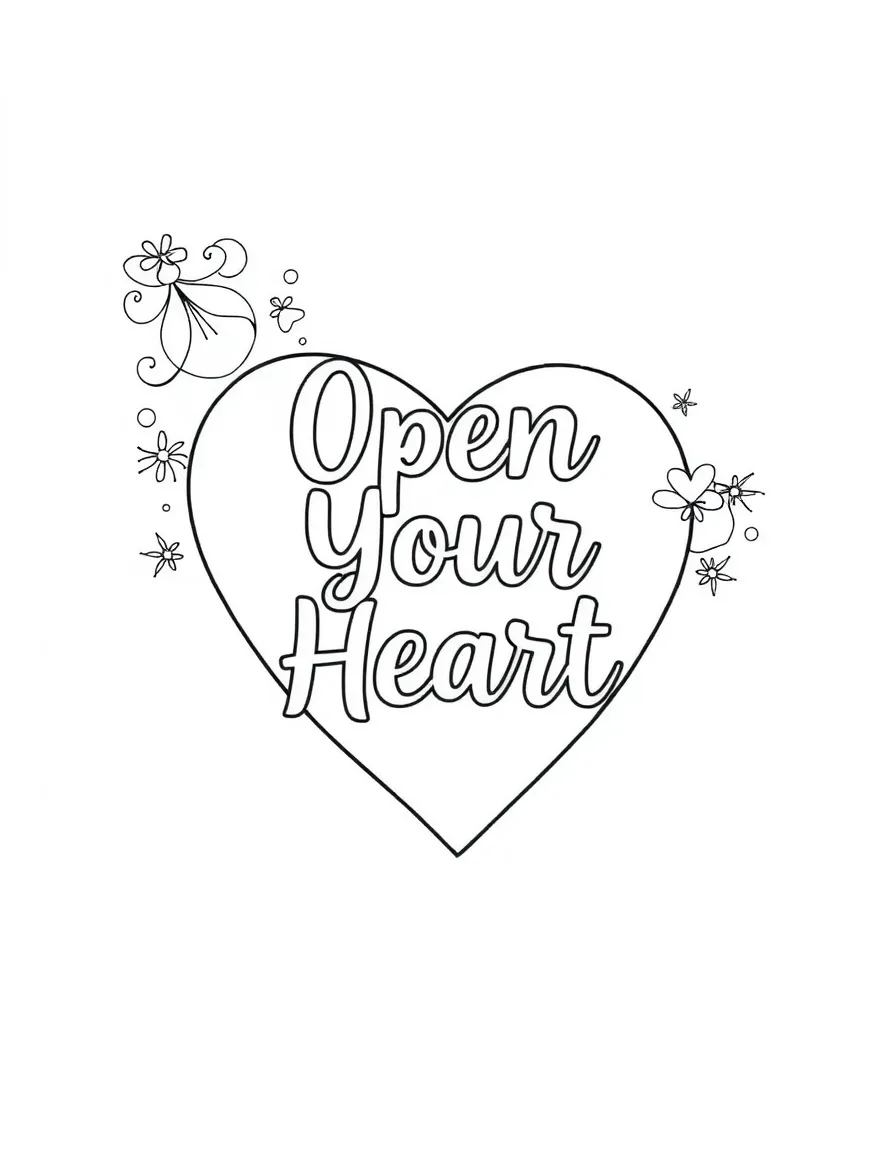 **Open Your Heart** loving coloring page, include the text "Open Your Heart".