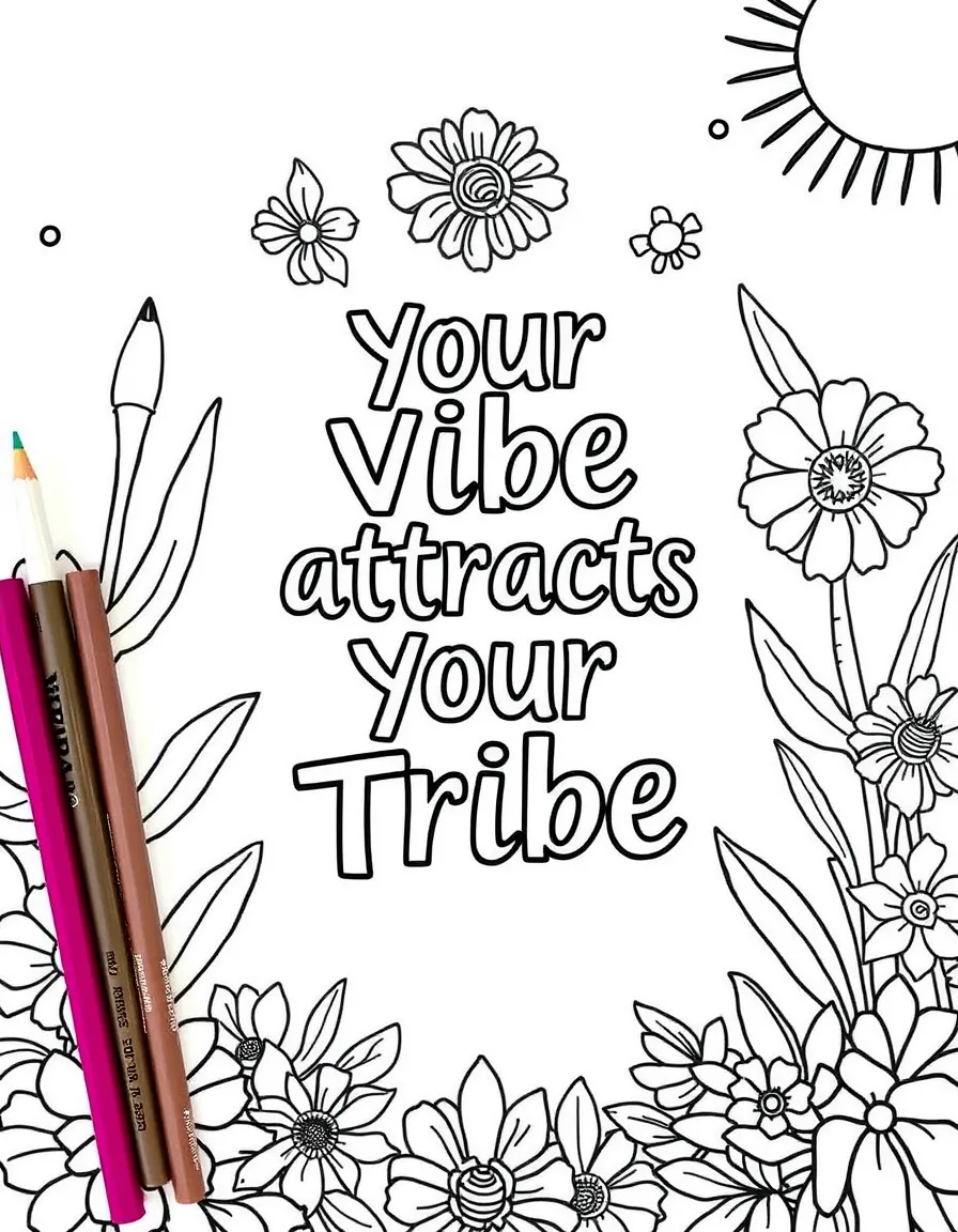 **Your Vibe Attracts Your Tribe** community coloring page, include the text "Your Vibe Attracts Your Tribe".