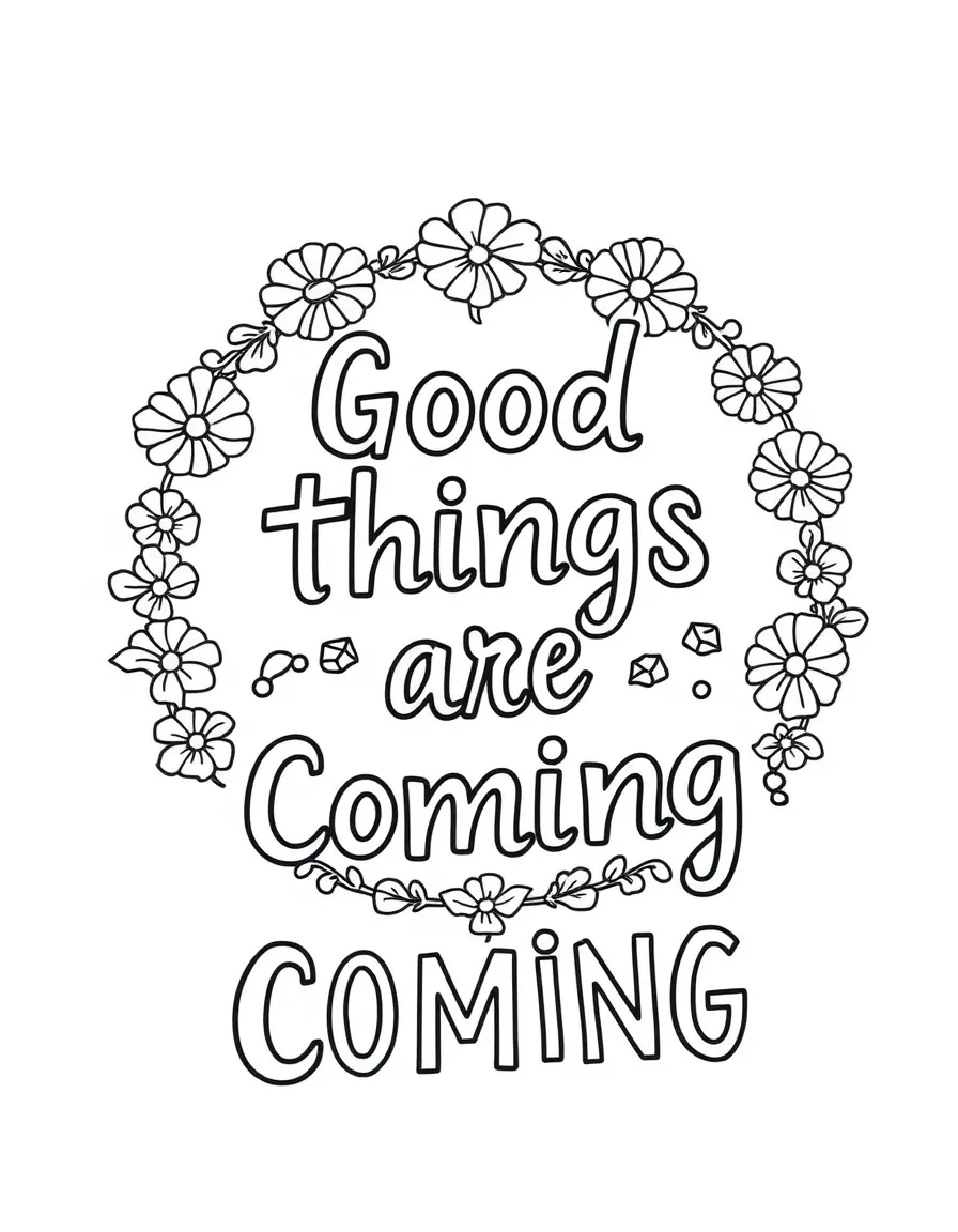 **Good Things Are Coming** optimistic coloring page, include the text "Good Things Are Coming".