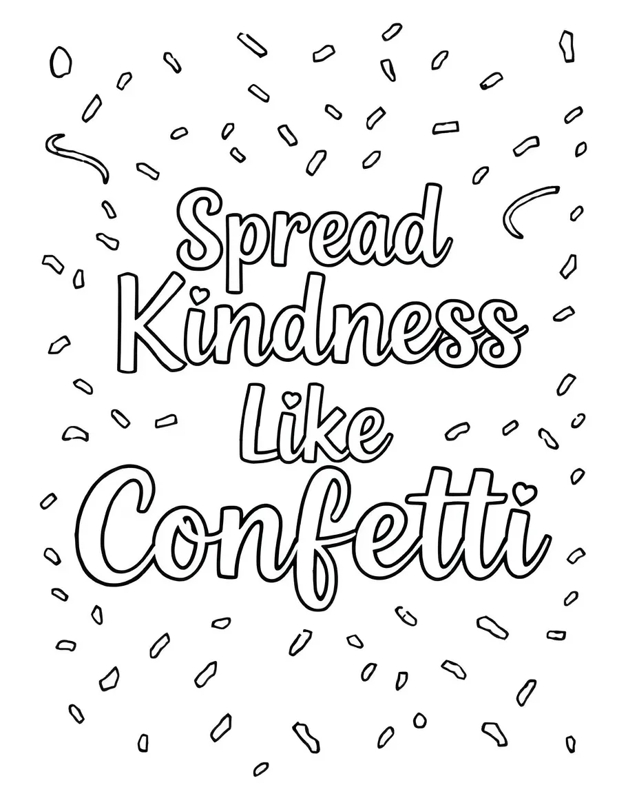 **Spread Kindness Like Confetti** celebratory coloring page, include the text "Spread Kindness Like Confetti".