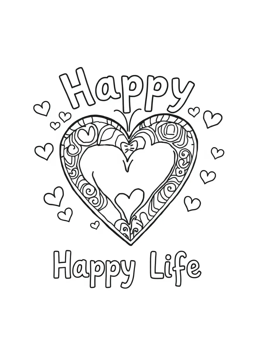 **Happy Heart, Happy Life** joyful coloring page, include the text "Happy Heart, Happy Life".