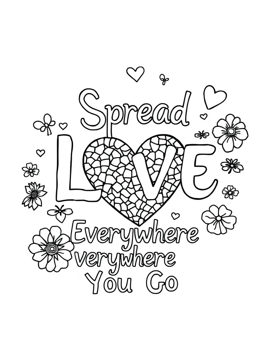 **Spread Love Everywhere You Go** universal love coloring page, include the text "Spread Love Everywhere You Go".