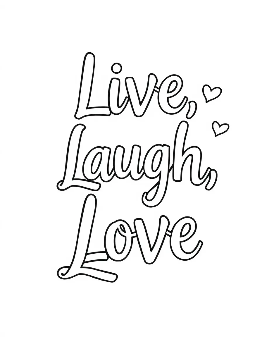 **Live, Laugh, Love** joyful coloring page, include the text "Live, Laugh, Love".