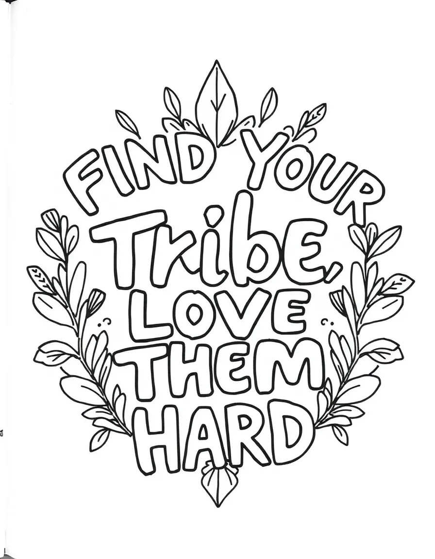 **Find Your Tribe, Love Them Hard** community coloring page, include the text "Find Your Tribe, Love Them Hard".