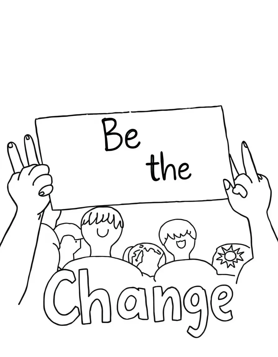 **Be the Change** activism coloring page, include the text "Be the Change".