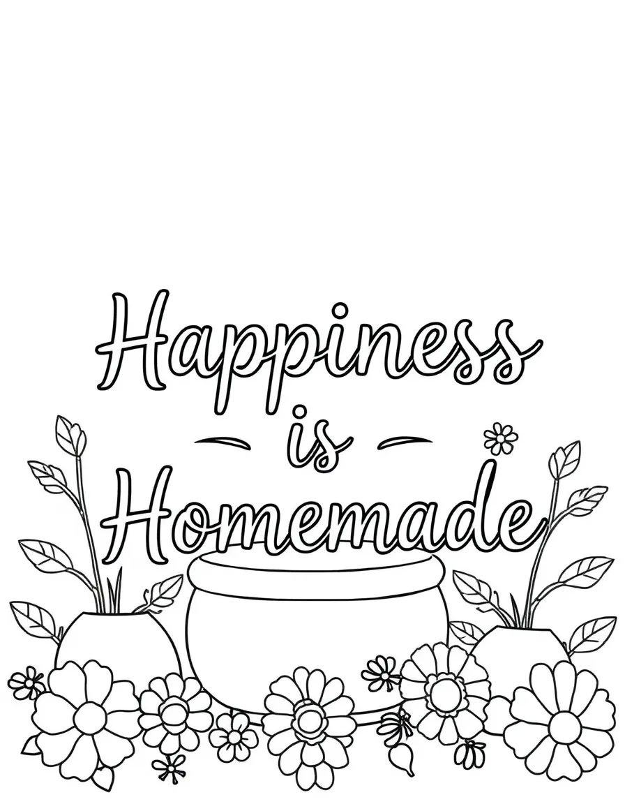 **Happiness is Homemade** cozy joy coloring page, include the text "Happiness is Homemade".