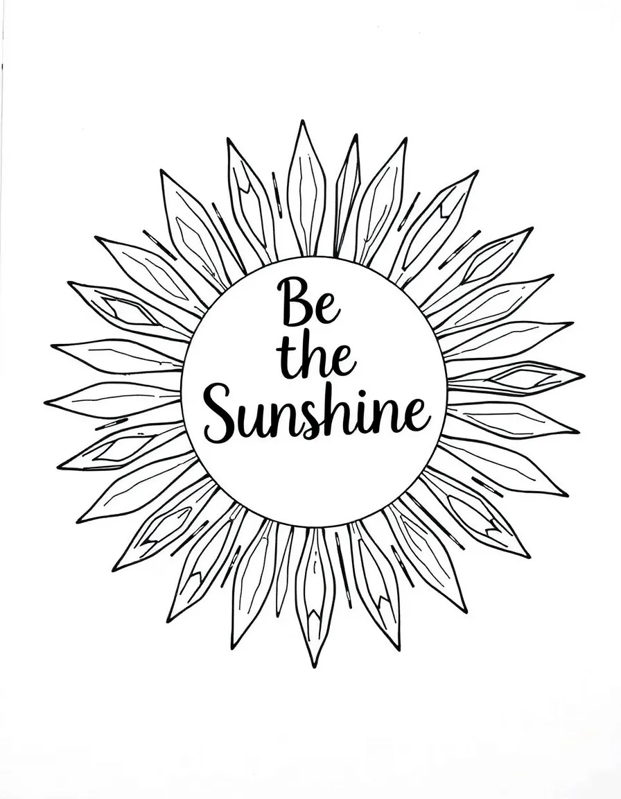 **Be the Sunshine** radiating positivity coloring page, include the text "Be the Sunshine".