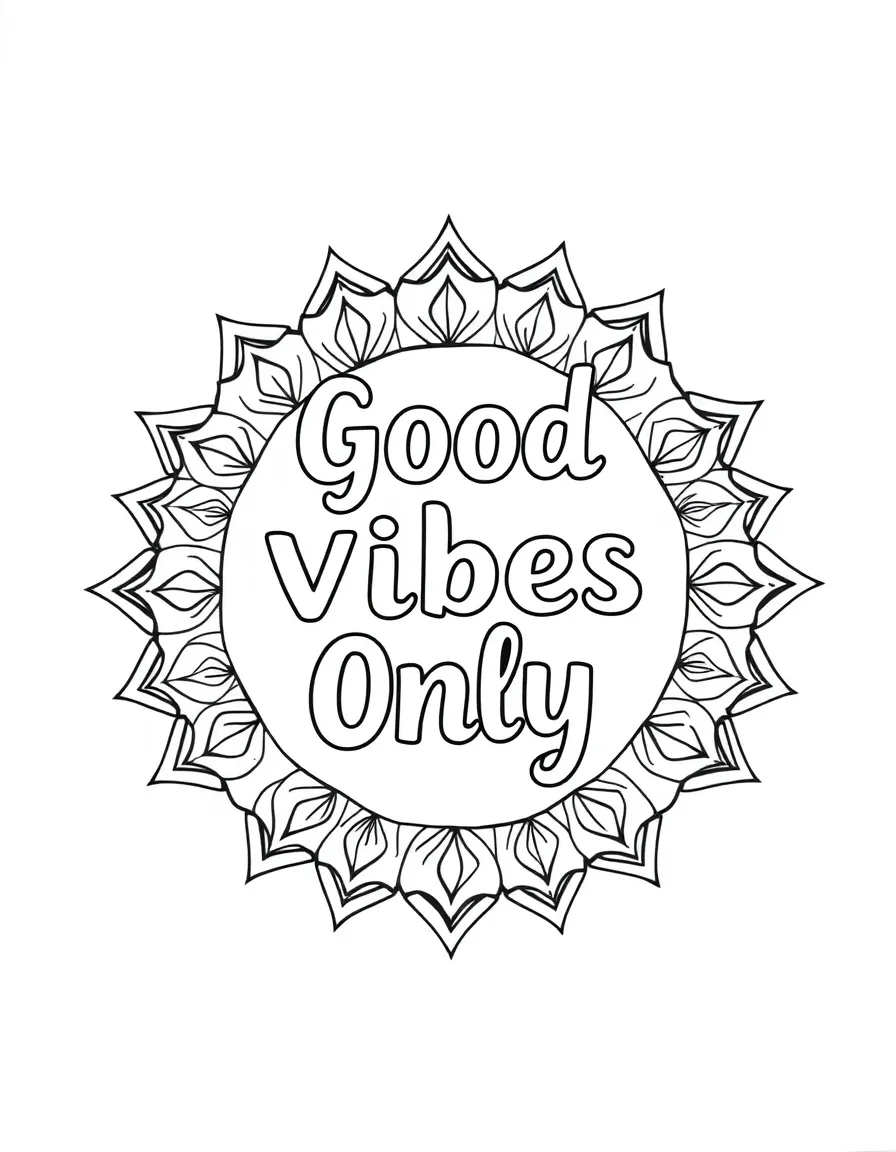 **Good Vibes Only** positive aura coloring page, include the text "Good Vibes Only".